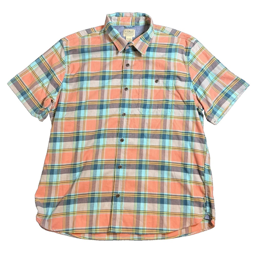 NWT LL Bean Shirt Mens Large Regular Peach Blue Plaid Traditional Fit Button Up
